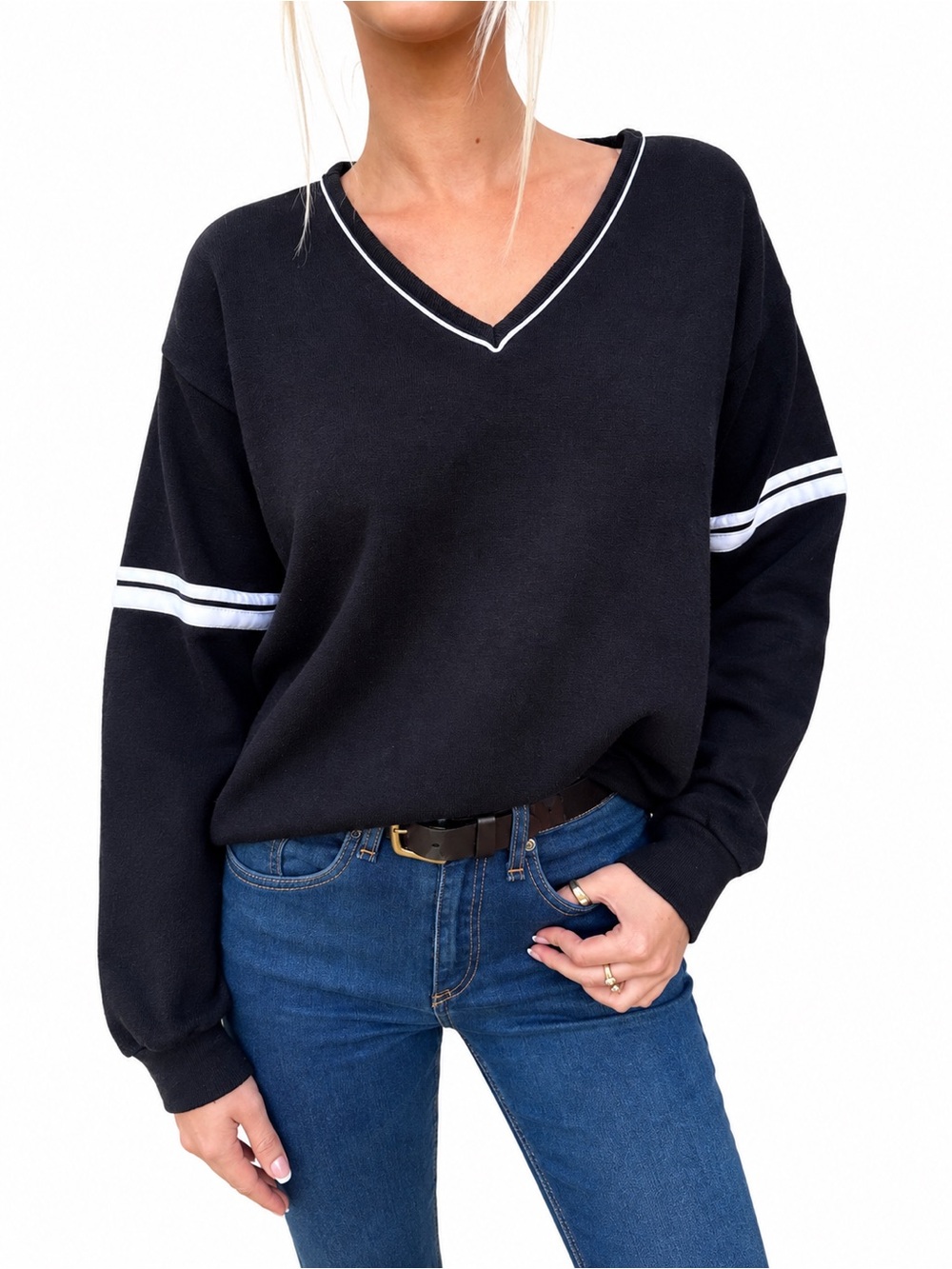 Vintage Late 80s Bassett-Walker Black Varsity Stripe V-Neck Sweatshirt